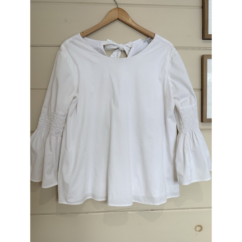 Halogen White Women's Long Bell Sleeves Bow Accent Top Boho Chic Cotton Sz M